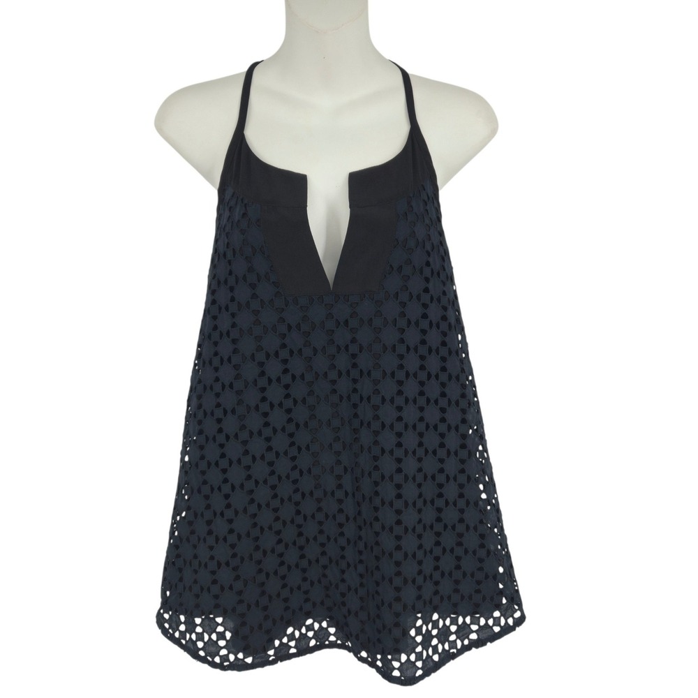 Athleta Tank Top Women Small Black Eyelet Tassel Halter V-Neck Summer Casual